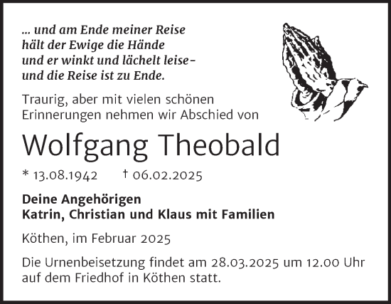 Traueranzeige von Wolfgang Theobald von Trauerkombi Köthen