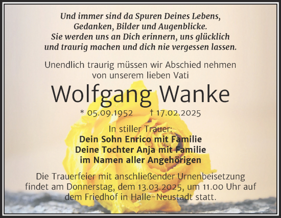 Traueranzeige von Wolfgang Wanke von Mitteldeutsche Zeitung Halle/Saalkreis