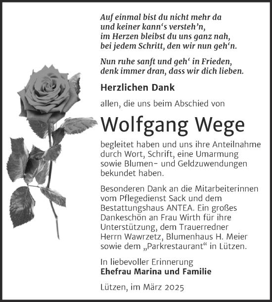 Traueranzeige von Wolfgang Wege von Trauerkombi Weißenfels