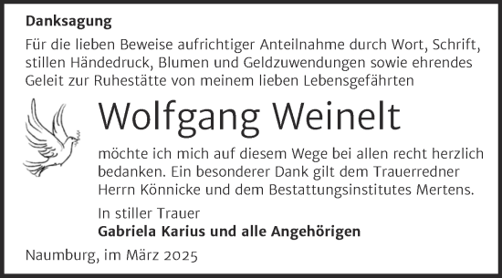 Traueranzeige von Wolfgang Weinelt von Super Sonntag Naumburg/Nebra