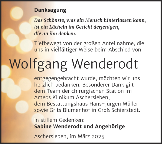 Traueranzeige von Wolfgang Wenderodt von Trauerkombi Aschersleben