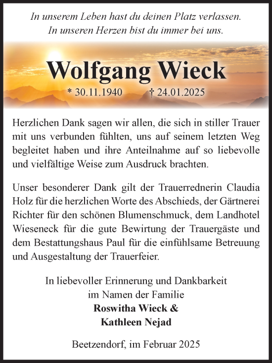 Traueranzeige von Wolfgang Wieck von Volksstimme Altmark West