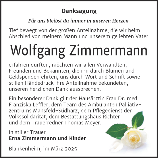 Traueranzeige von Wolfgang Zimmermann von Trauerkombi Sangerhausen