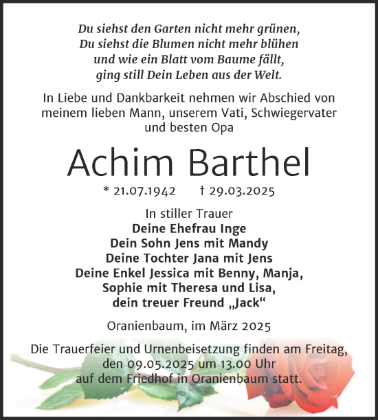 Traueranzeige von Achim Barthel von Trauerkombi Wittenberg