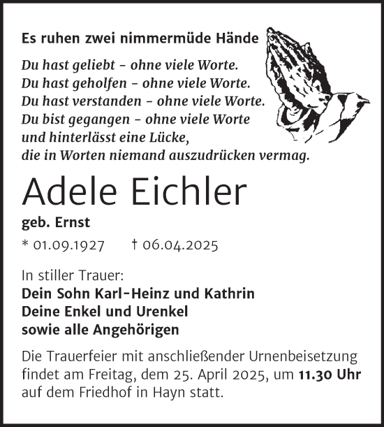 Traueranzeige von Adele Eichler von Trauerkombi Sangerhausen