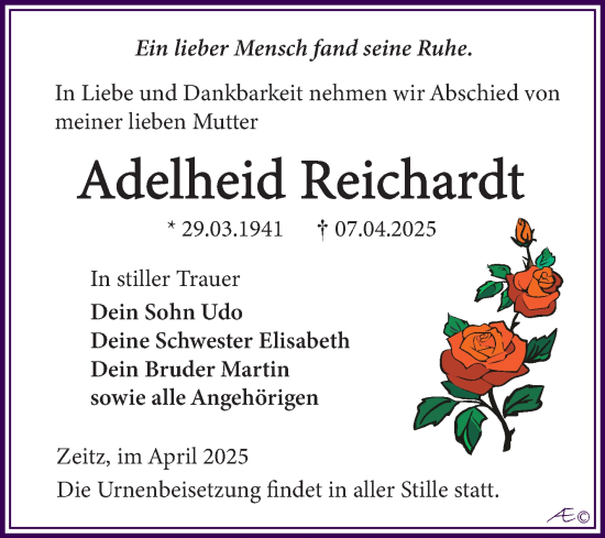 Traueranzeige von Adelheid Reichardt von Trauerkombi Zeitz
