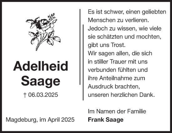 Traueranzeige von Adelheid Saage von Volksstimme Magdeburg