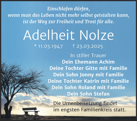 Traueranzeige von Adelheit Nolze von Trauerkombi Merseburg
