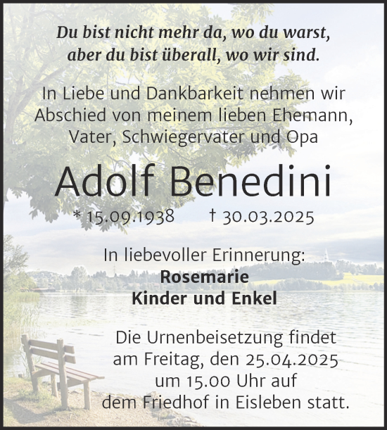 Traueranzeige von Adolf Benedini von Trauerkombi Mansfelder Land
