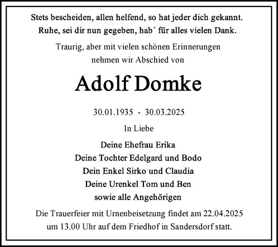 Traueranzeige von Adolf Domke von Trauerkombi Bitterfeld
