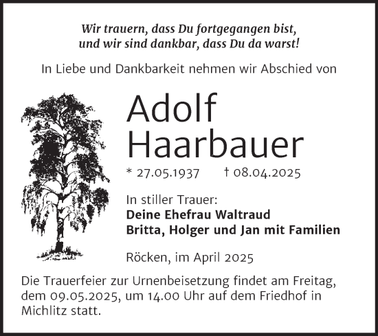 Traueranzeige von Adolf Haarbauer von Trauerkombi Weißenfels