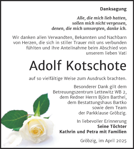 Traueranzeige von Adolf Kotschote von Trauerkombi Köthen
