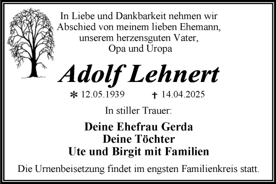 Traueranzeige von Adolf Lehnert von Trauerkombi Wittenberg