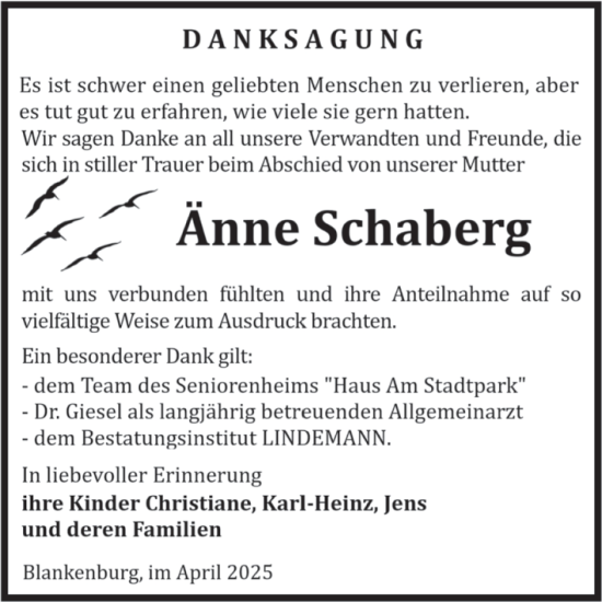 Traueranzeige von Änne Schaberg von Volksstimme Wernigerode