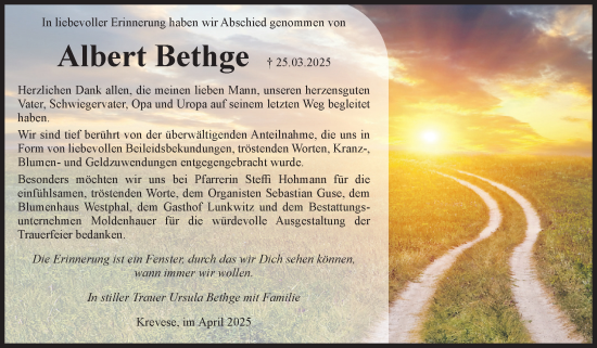 Traueranzeige von Albert Bethge von Volksstimme Altmark Ost