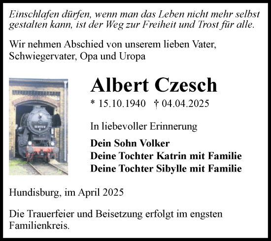 Traueranzeige von Albert Czesch von Volksstimme Haldensleben/Wolmirstedt