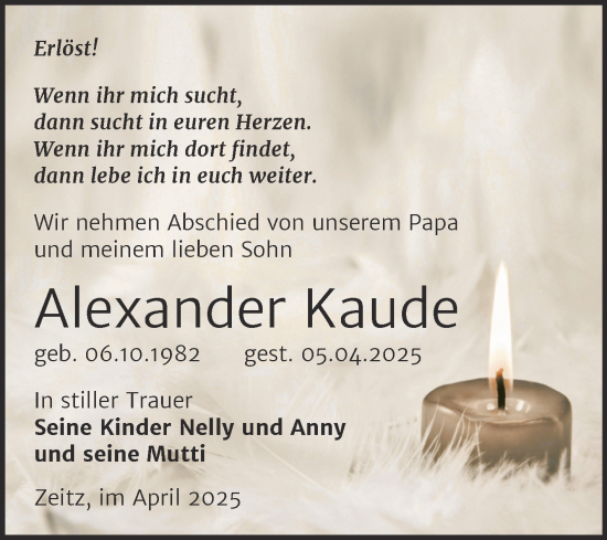 Traueranzeige von Alexander Kaude von Trauerkombi Zeitz