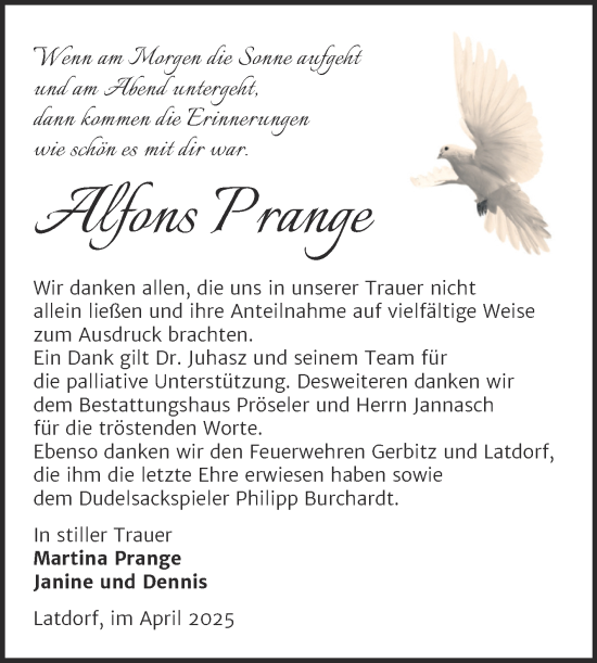 Traueranzeige von Alfons Prange von Trauerkombi Bernburg