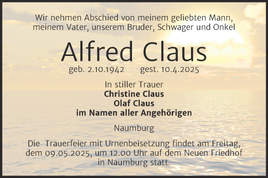 Traueranzeige von Alfred Claus von Super Sonntag Naumburg/Nebra