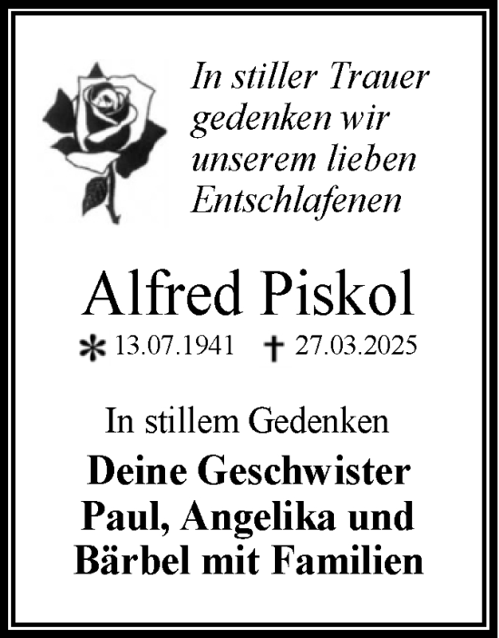 Traueranzeige von Alfred Piskol von Trauerkombi Dessau