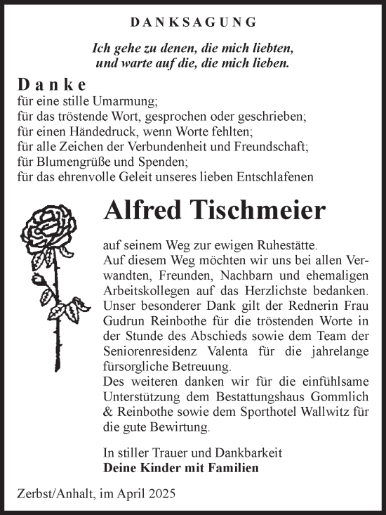 Traueranzeige von Alfred Tischmeier von Volksstimme Zerbst
