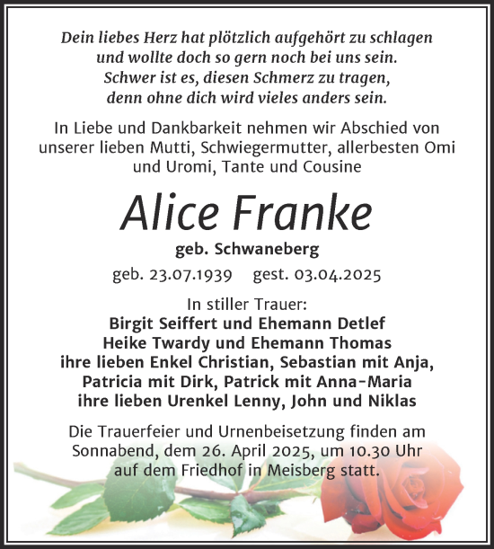 Traueranzeige von Alice Franke von Trauerkombi Mansfelder Land