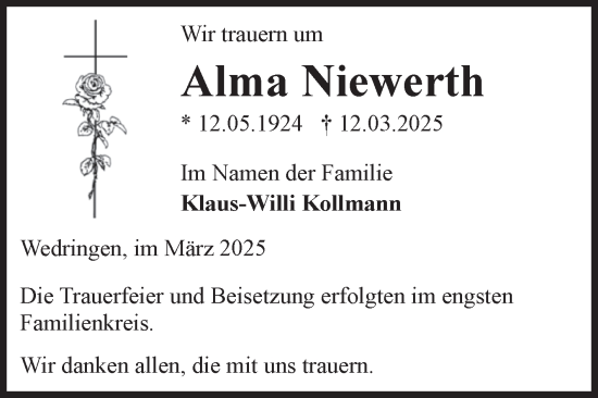 Traueranzeige von Alma Niewerth von Volksstimme Haldensleben/Wolmirstedt