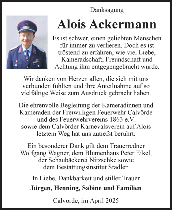 Traueranzeige von Alois Ackermann von Volksstimme Haldensleben/Wolmirstedt