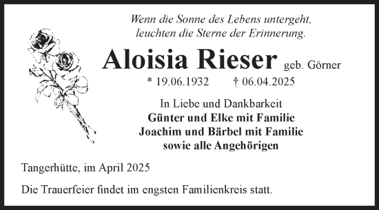Traueranzeige von Aloisia Rieser von Volksstimme Altmark Ost