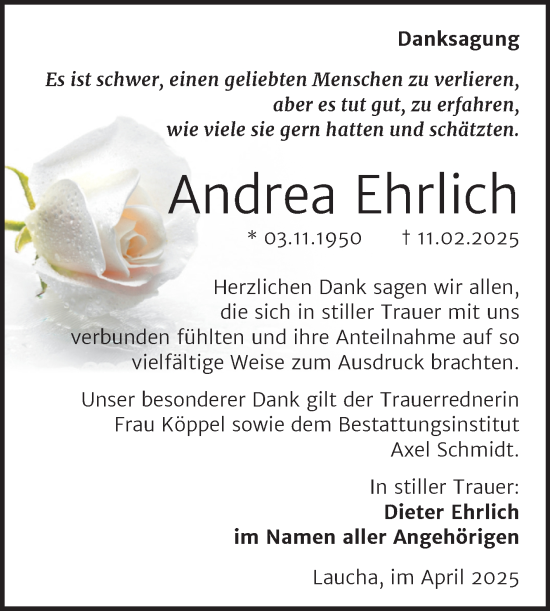 Traueranzeige von Andrea Ehrlich von Super Sonntag Naumburg/Nebra