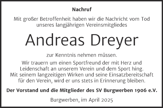 Traueranzeige von Andreas Dreyer von Mitteldeutsche Zeitung Weißenfels