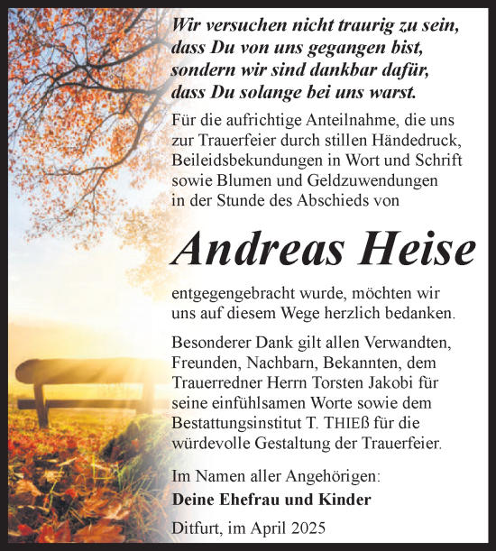 Traueranzeige von Andreas Heise von Trauerkombi Quedlinburg