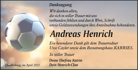 Traueranzeige von Andreas Henrich von Trauerkombi Quedlinburg