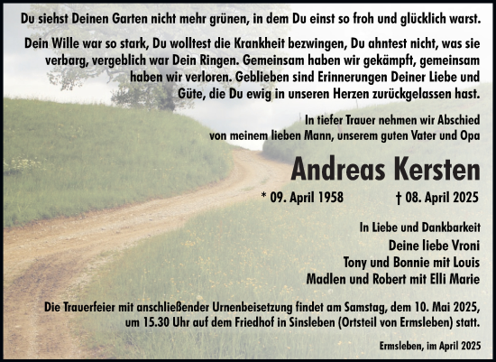 Traueranzeige von Andreas Kersten von Trauerkombi Quedlinburg