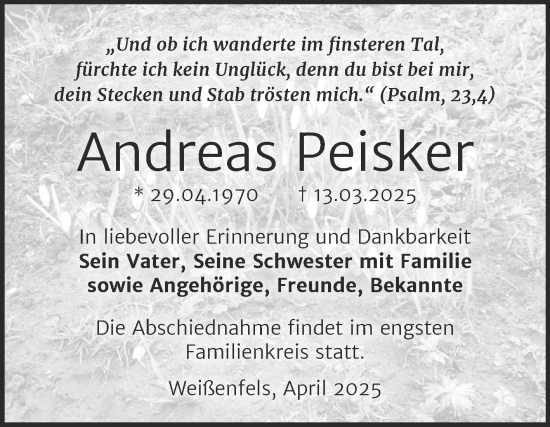 Traueranzeige von Andreas Peisker von Trauerkombi Weißenfels