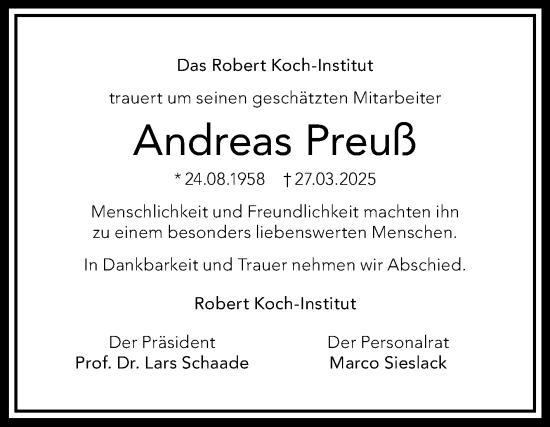 Traueranzeige von Andreas Preuß von Volksstimme Wernigerode