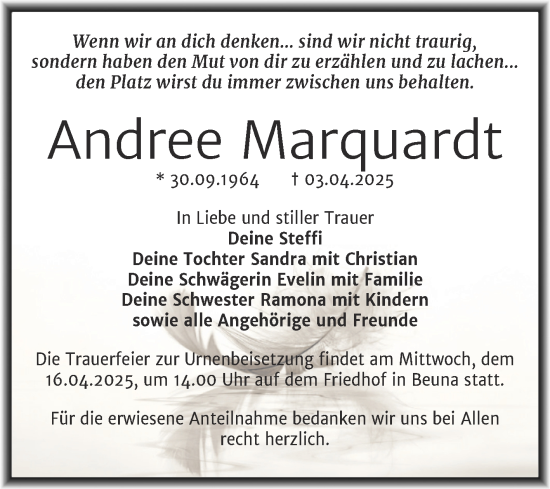 Traueranzeige von Andree Marquardt von Trauerkombi Merseburg