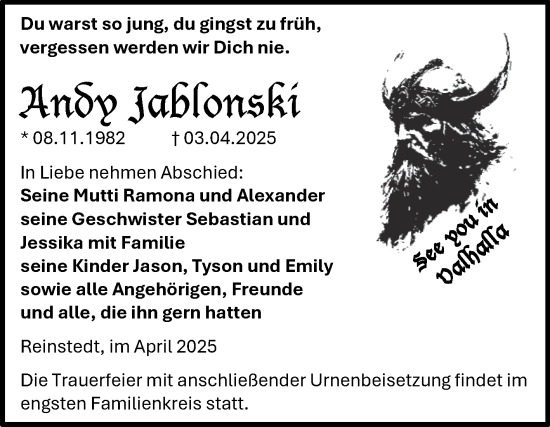 Traueranzeige von Andy Jablonski von Trauerkombi Quedlinburg