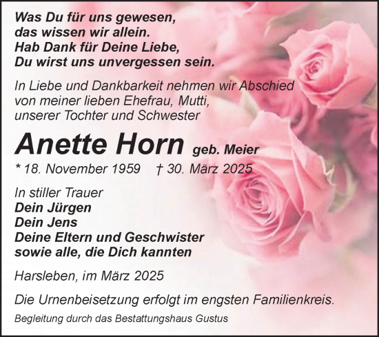 Traueranzeige von Anette Horn von Volksstimme Halberstadt