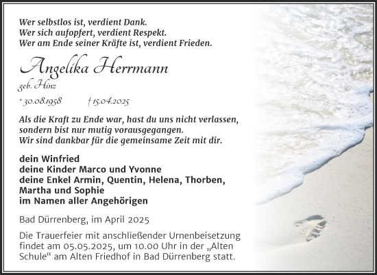 Traueranzeige von Angelika Herrmann von Trauerkombi Merseburg