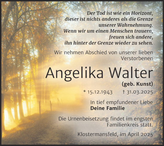 Traueranzeige von Angelika Walter von Trauerkombi Mansfelder Land