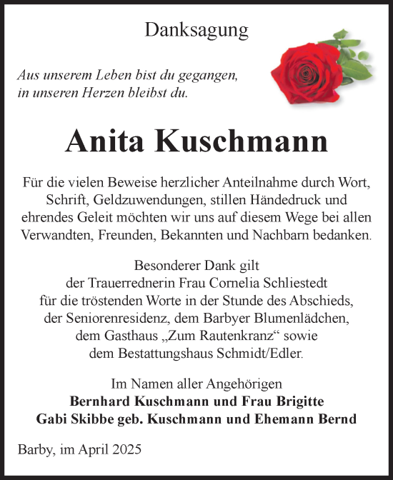 Traueranzeige von Anita Kuschmann von Volksstimme Schönebeck