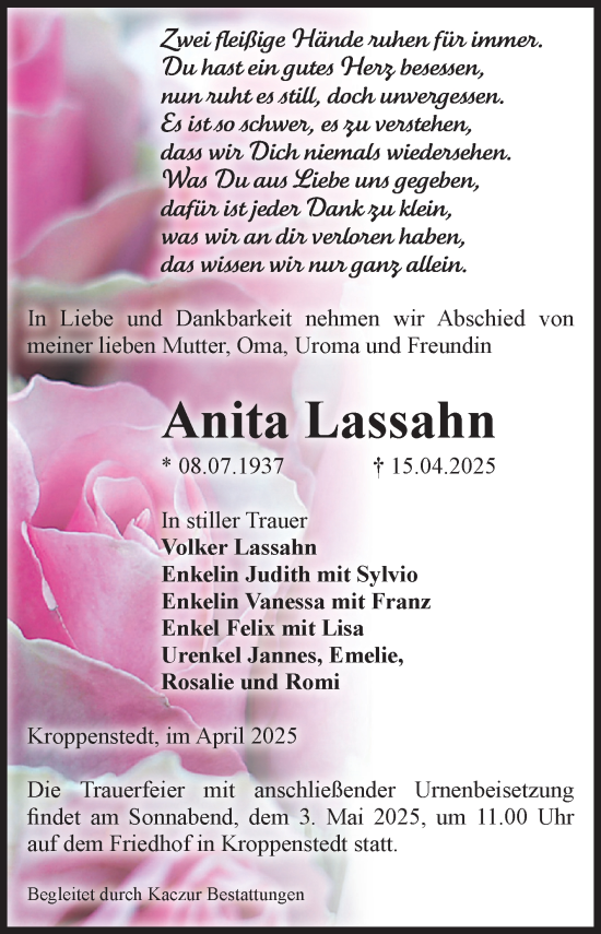 Traueranzeige von Anita Lassahn von Volksstimme Oschersleben/Wanzleben