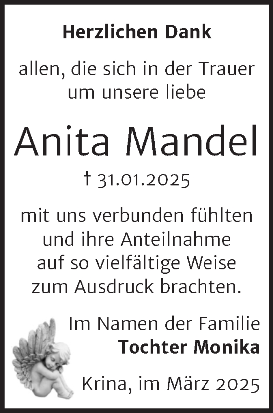 Traueranzeige von Anita Mandel von Trauerkombi Bitterfeld
