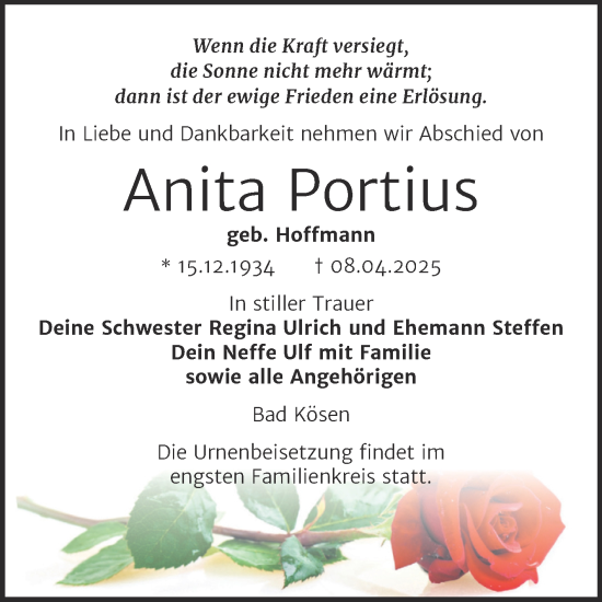 Traueranzeige von Anita Portius von Super Sonntag Naumburg/Nebra