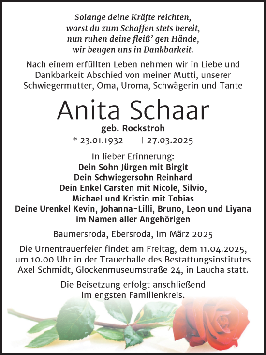 Traueranzeige von Anita Schaar von Super Sonntag Naumburg/Nebra
