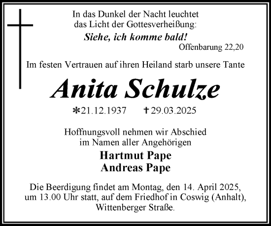 Traueranzeige von Anita Schulze von Trauerkombi Wittenberg