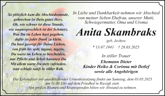 Traueranzeige von Anita Skambraks von Trauerkombi Wittenberg