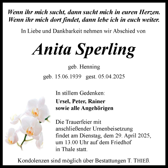 Traueranzeige von Anita Sperling von Trauerkombi Quedlinburg