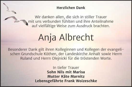 Traueranzeige von Anja Albrecht von Trauerkombi Bernburg